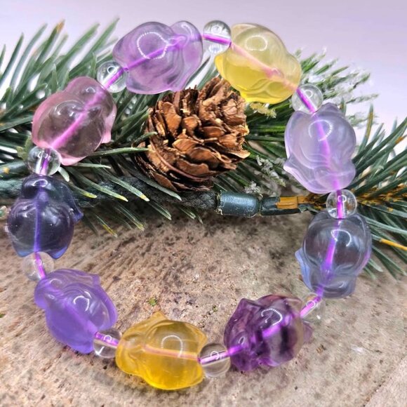Nature Rainbow Fluorite Big Head Fox Bracelet - Picture 1 of 10